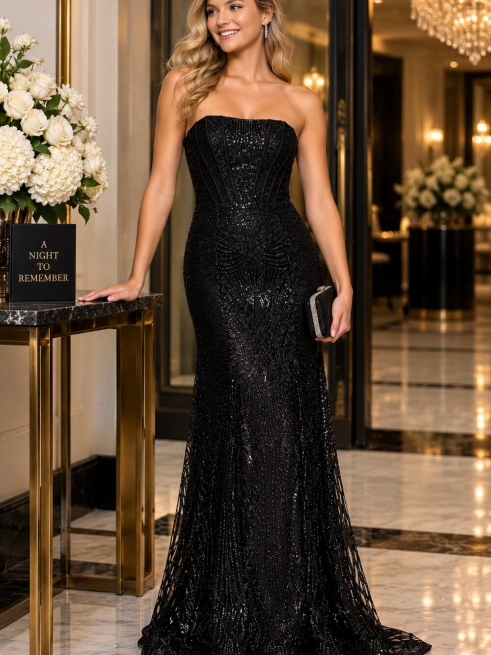Blondie Nites Black Sequin Strapless Corset Formal Gown Size 7 NWT